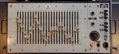 A modern photograph of an Albis graphic equaliser, identical to that at the Workshop. The balanced input and output connections are to the right, via screw terminals, above a rotary control for adjusting the amplification. The the 24 frequencies are: 94, 113, 136, 163, 196, 235, 282, 338, 406, 487, 584, 701, 841, 1010, 1210, 1450, 1740, 2090, 2510, 3010, 3620, 4340, 5210 and 6250 Hz. From a picture supplied via Andrew Dunne.